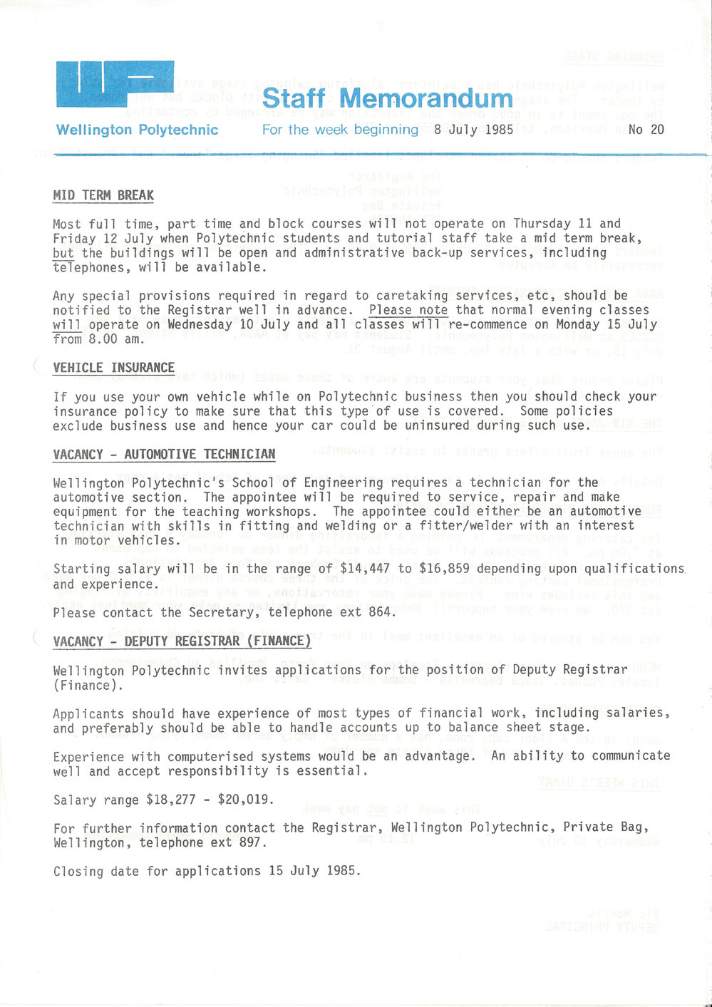 Wellington Polytechnic Staff Memorandum, 20, 1985-07-08