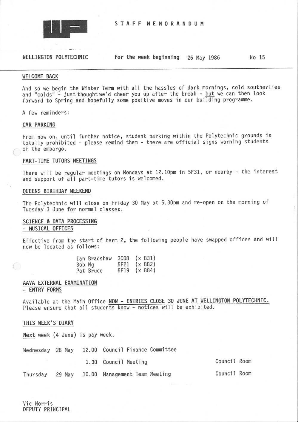 Wellington Polytechnic Staff Memorandum, 15, 1986-05-26