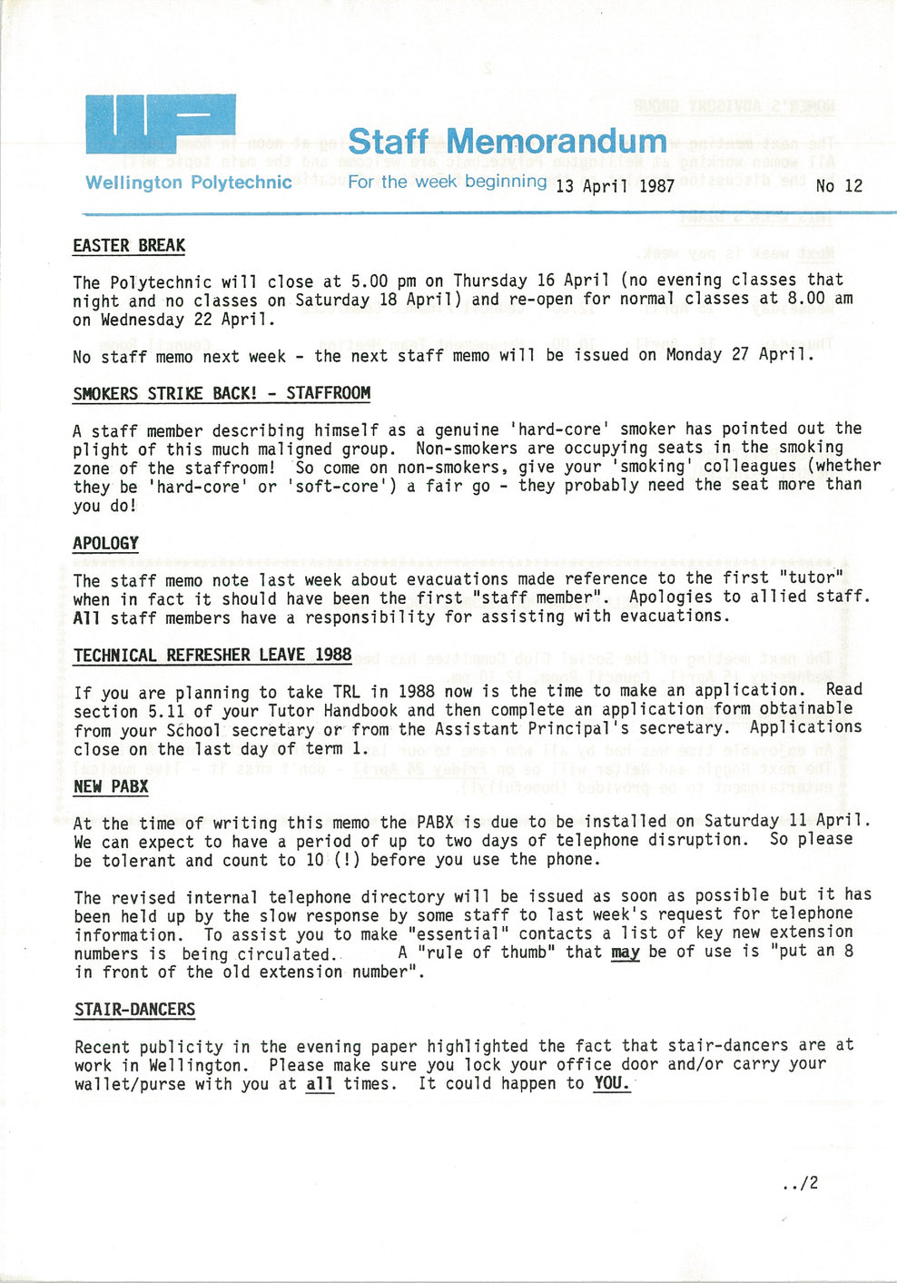 Wellington Polytechnic Staff Memorandum, 12, 1987-04-13