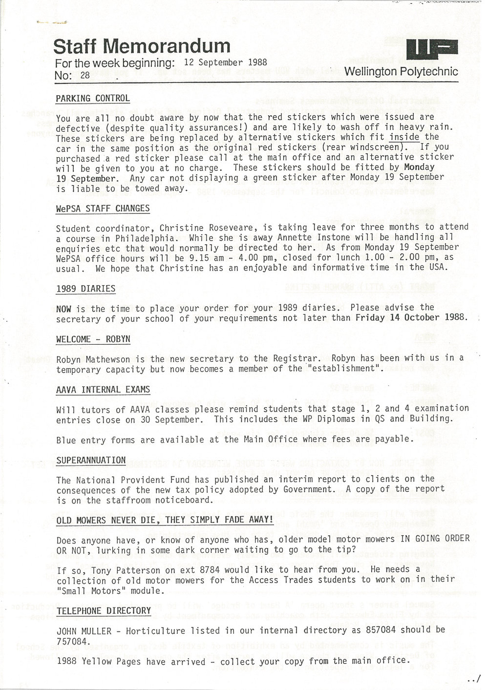Wellington Polytechnic Staff Memorandum, 28, 1988-09-12