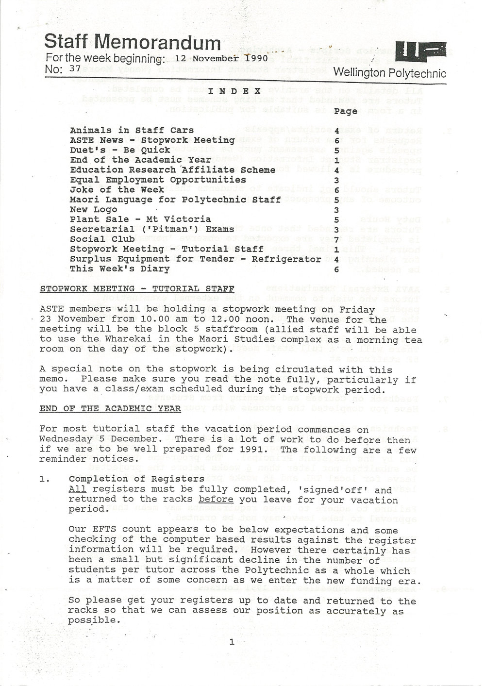 Wellington Polytechnic Staff Memorandum, 37, 1990-11-12