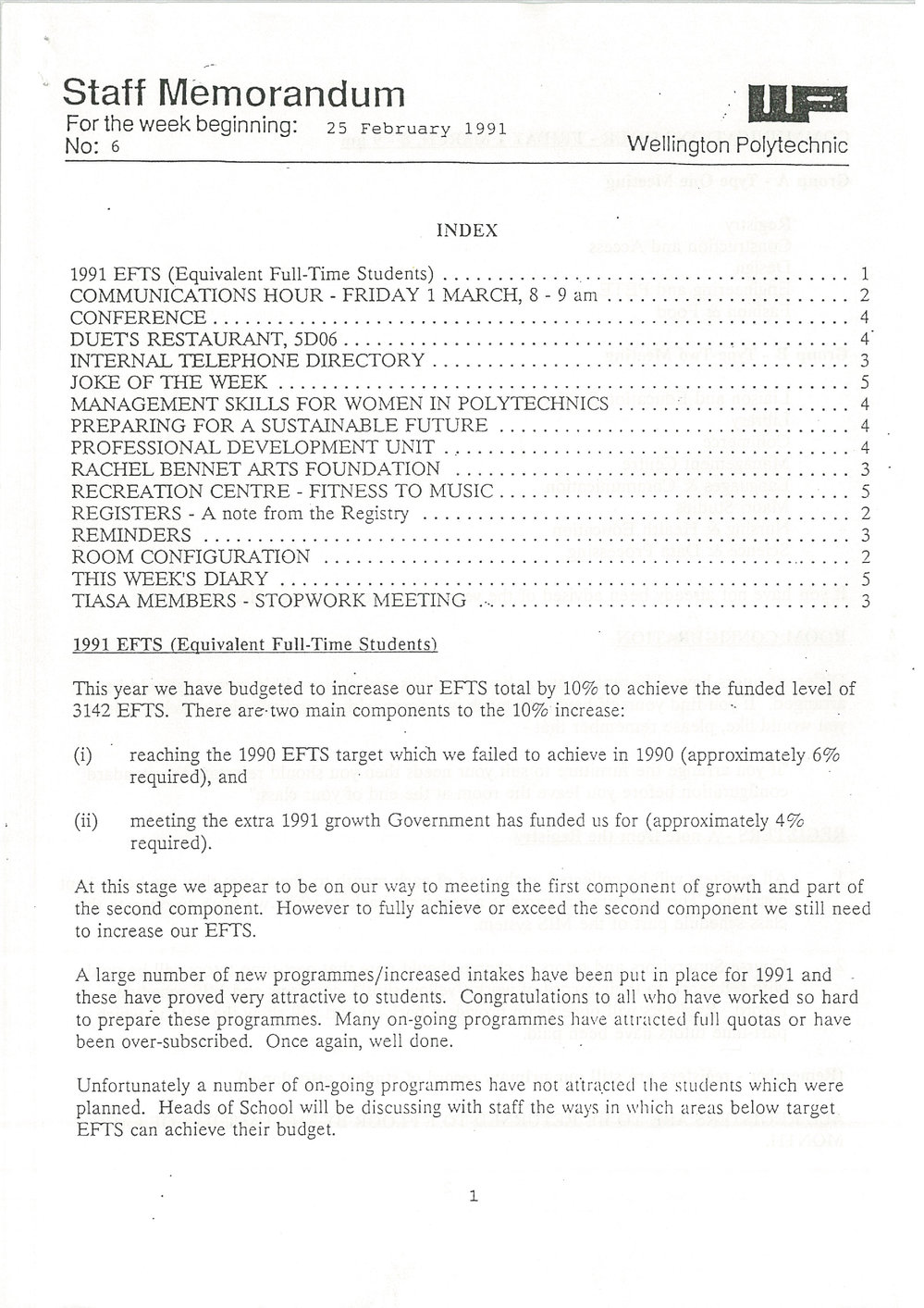 Wellington Polytechnic Staff Memorandum, 6, 1991-02-25