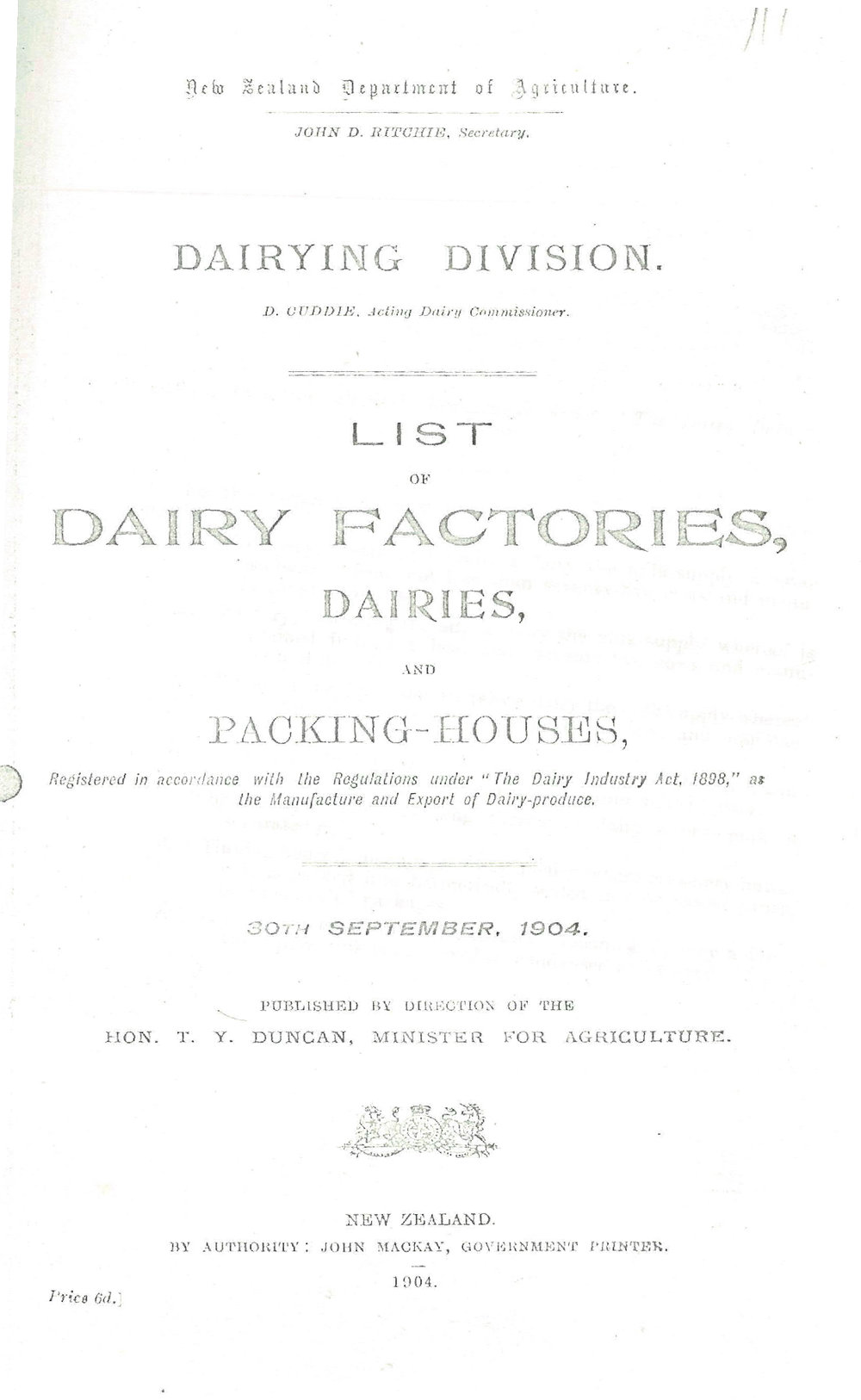 List of Dairy Factories, Dairies and Packing Houses, 1904 Massey University Library