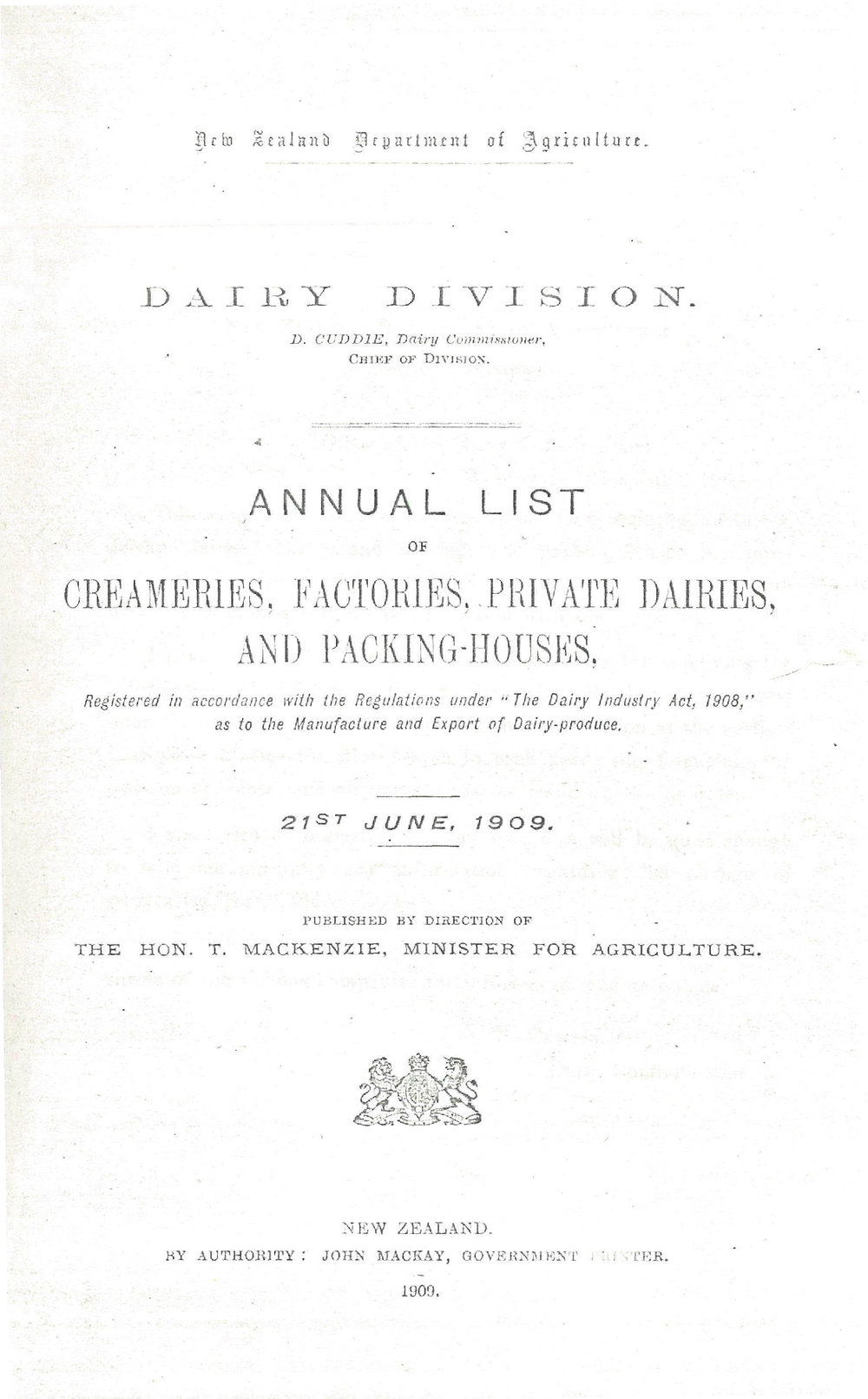 Annual List of Creameries, Factories, Private Dairies and Packing Houses, 1909