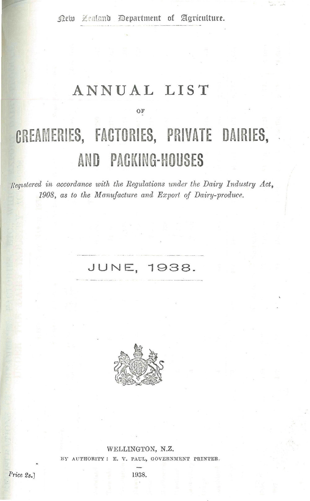 Annual List of Creameries, Factories, Private Dairies and Packing Houses, 1938