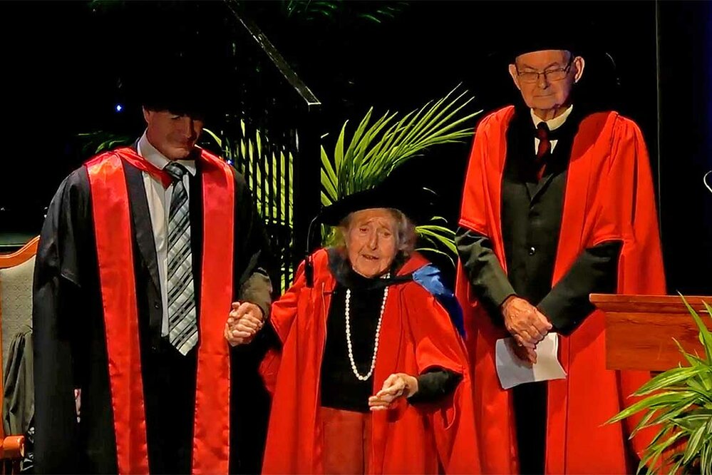 Honorary doctorate, Mary and Dick Earle with Andrew Cleland, 15 May 2018