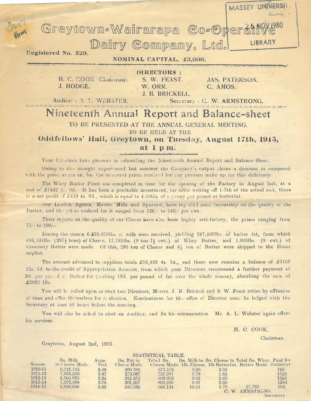 Greytown-Wairarapa Co-operative Dairy Company Limited. Annual Report and Balance Sheet for the year ended 31 July 1915