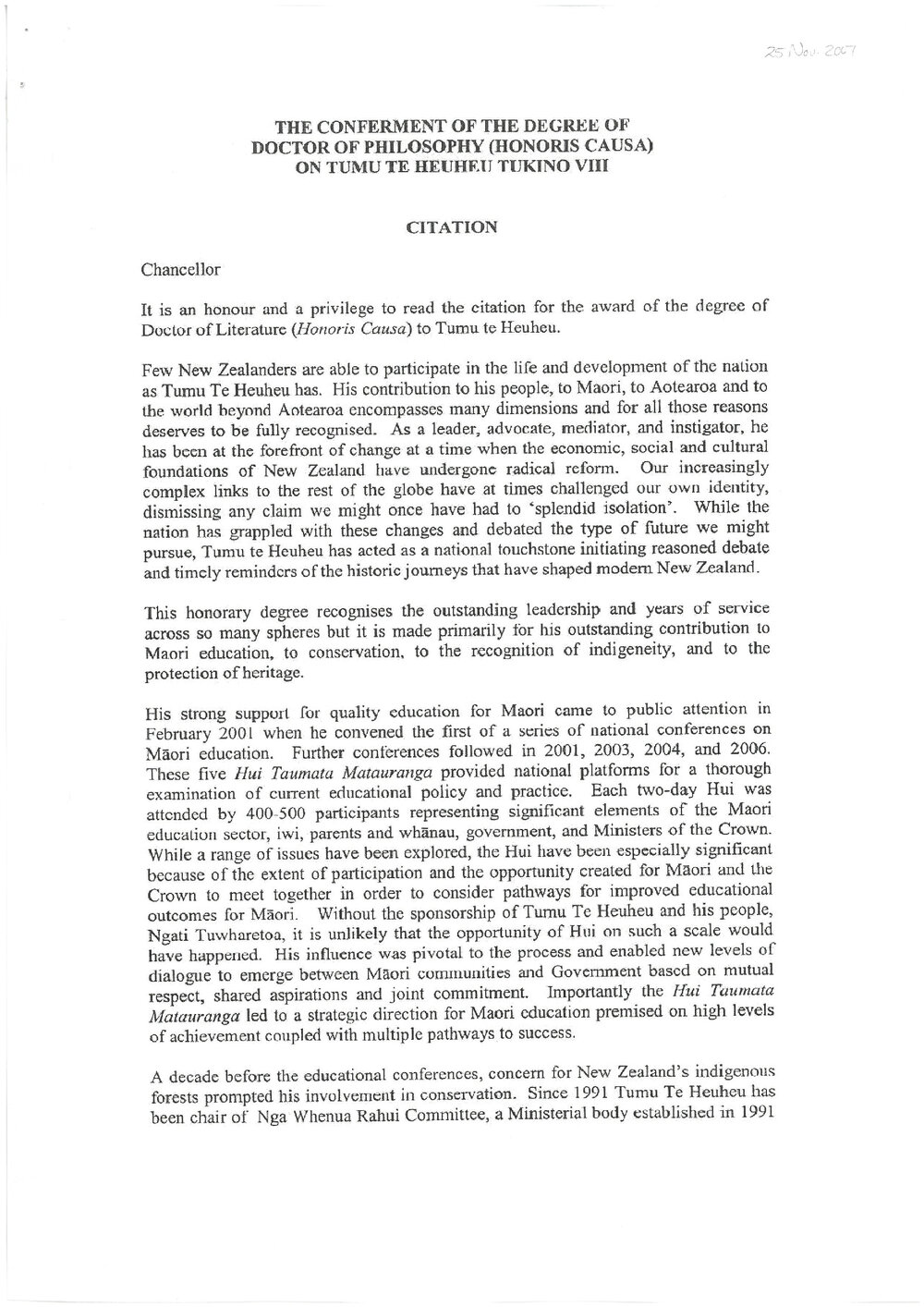 Honorary doctorate citation, Tumu Te Heuheu Tukino VIII, 2007