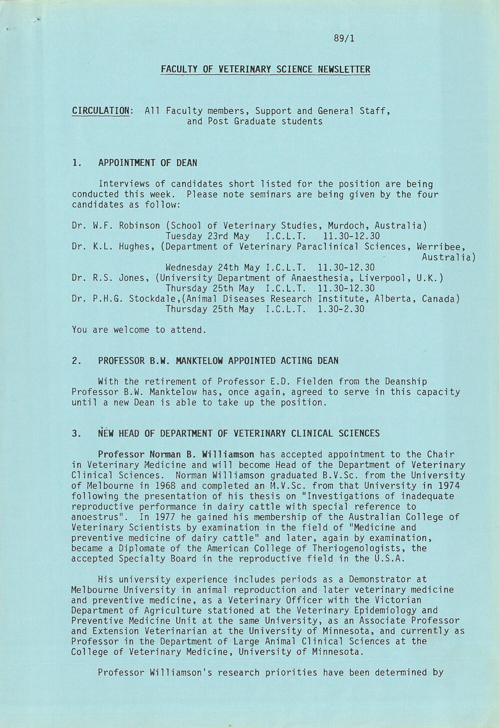 Faculty of Veterinary Science Newsletter, 23 May 1989