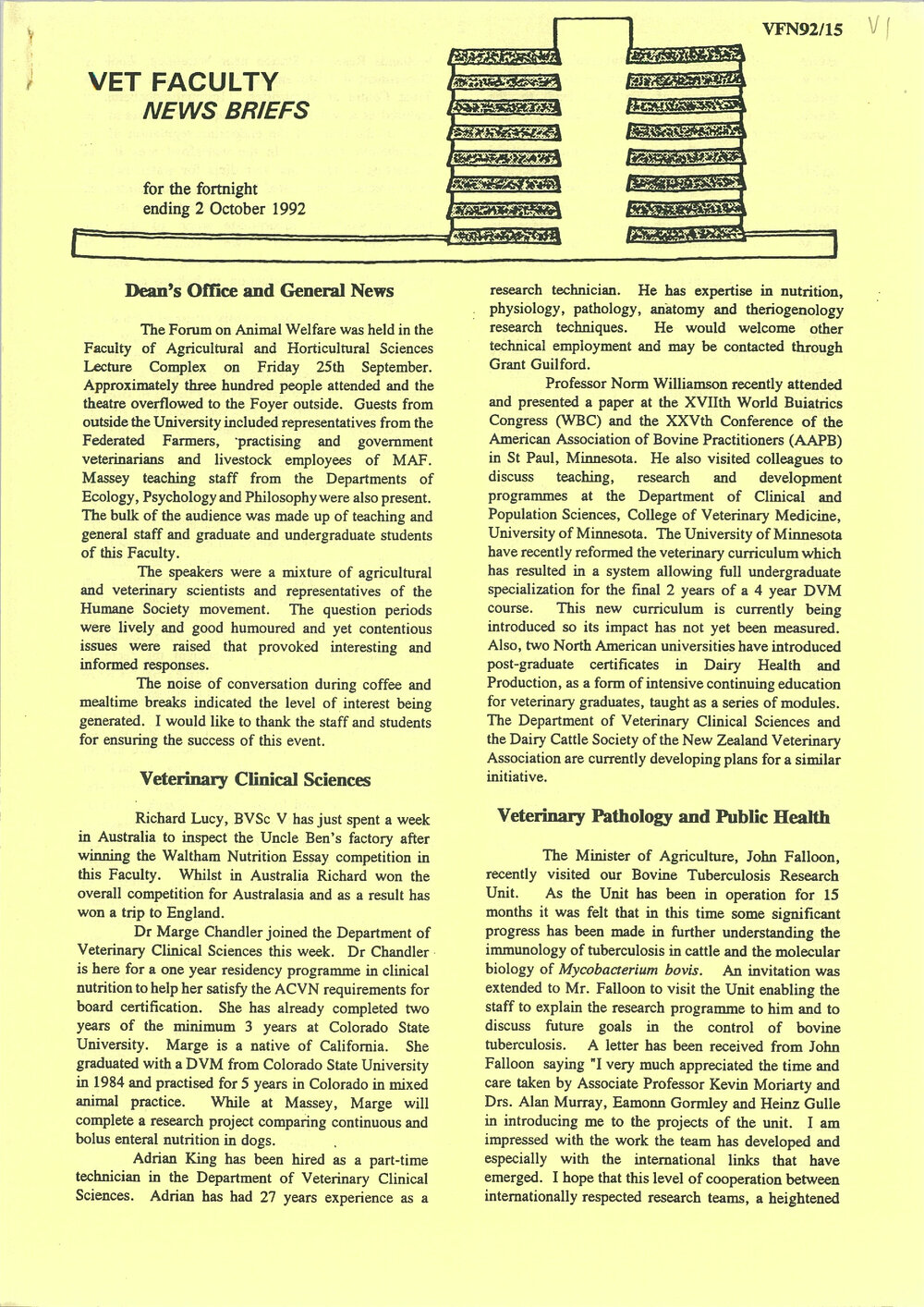Vet Faculty News Briefs, 2 October 1992
