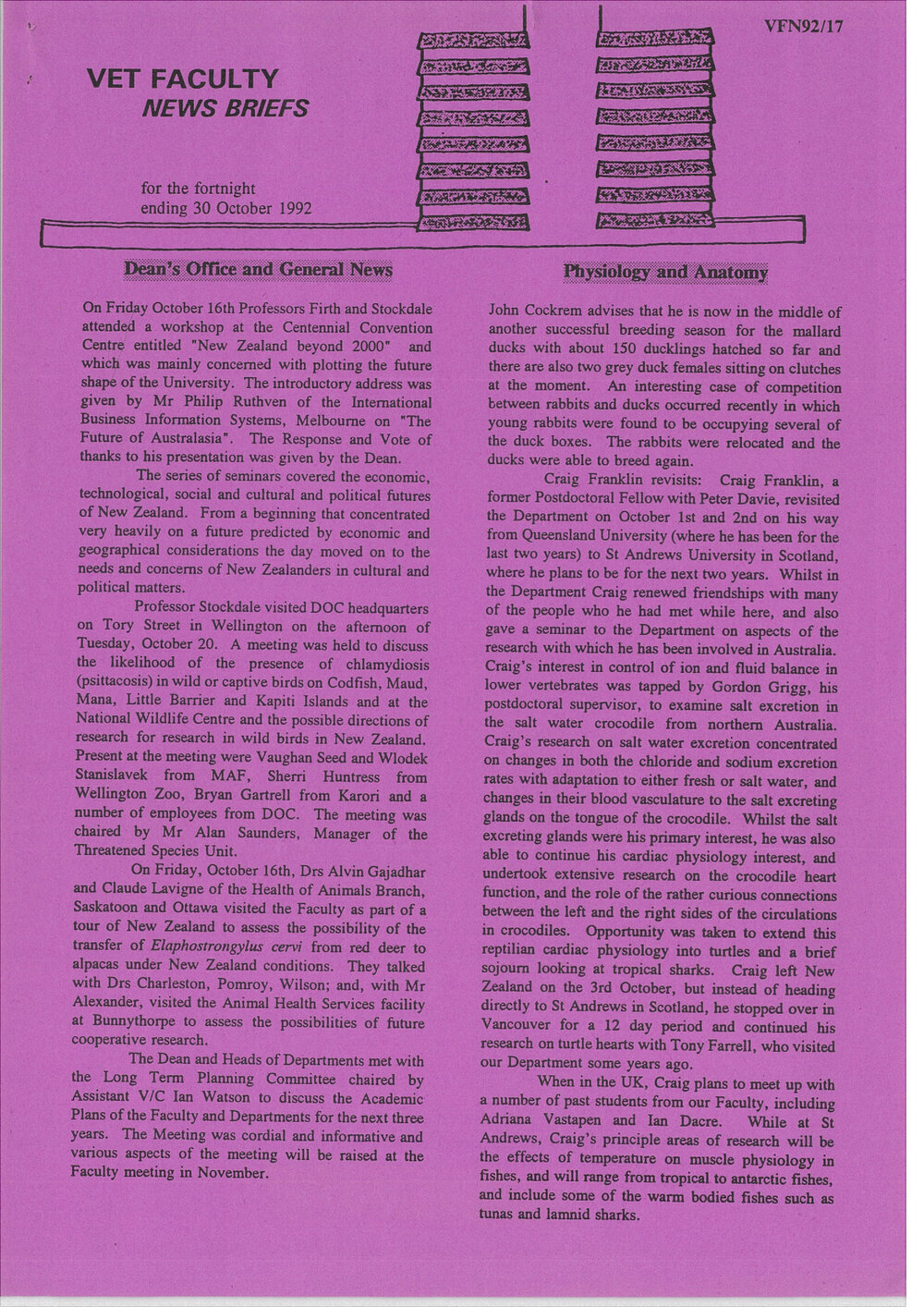 Vet Faculty News Briefs, 30 October 1992