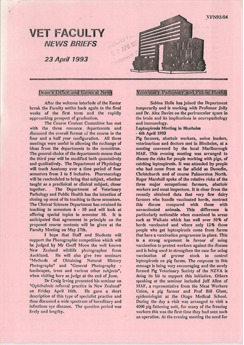 Vet Faculty News Briefs, 23 April 1993