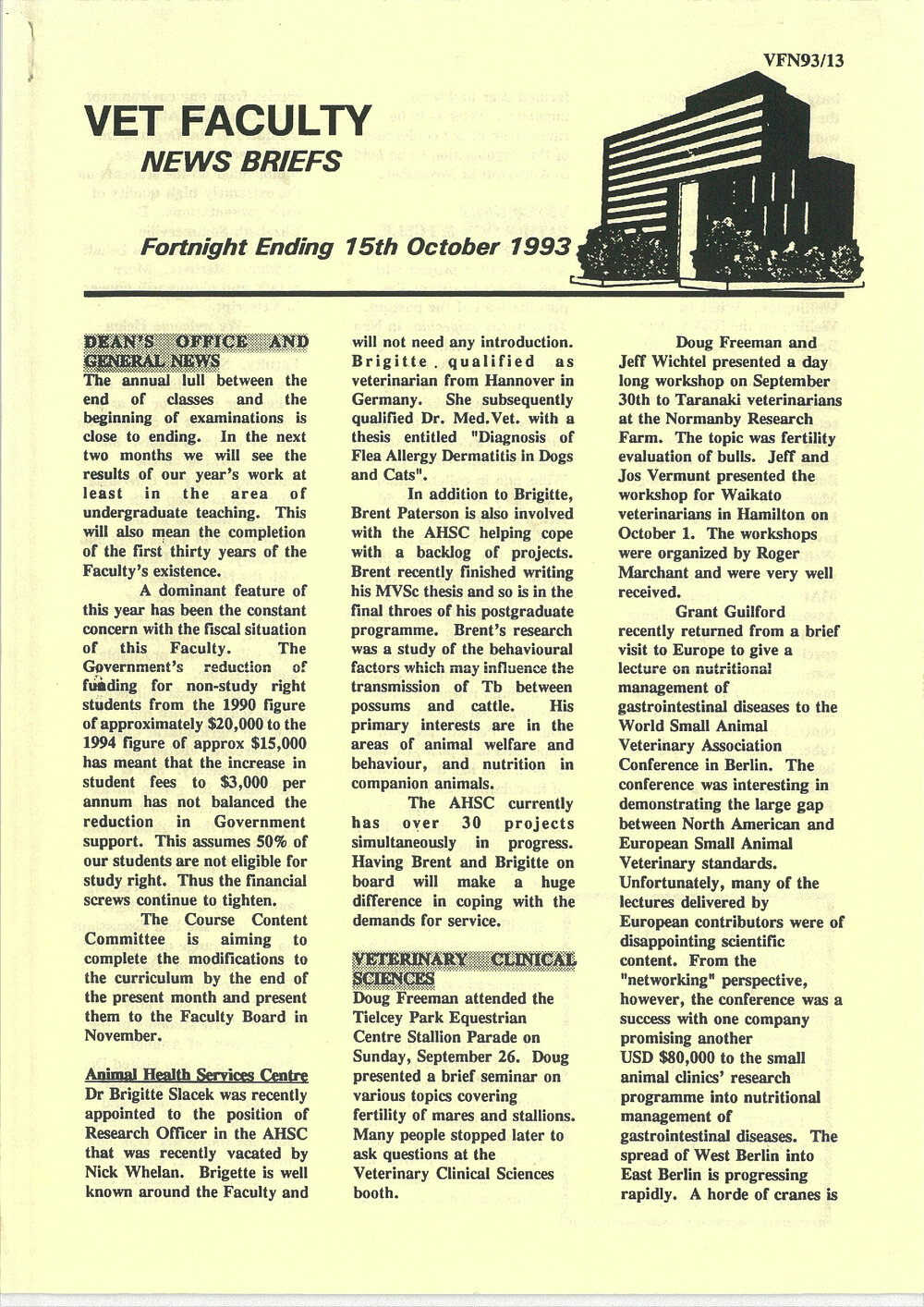 Vet Faculty News Briefs, 15 October 1993