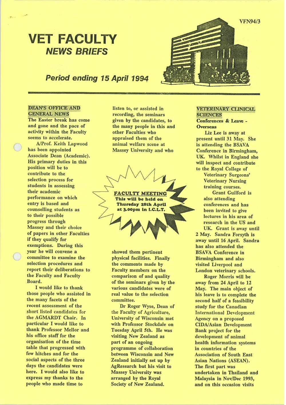 Vet Faculty News Briefs, 15 April 1994