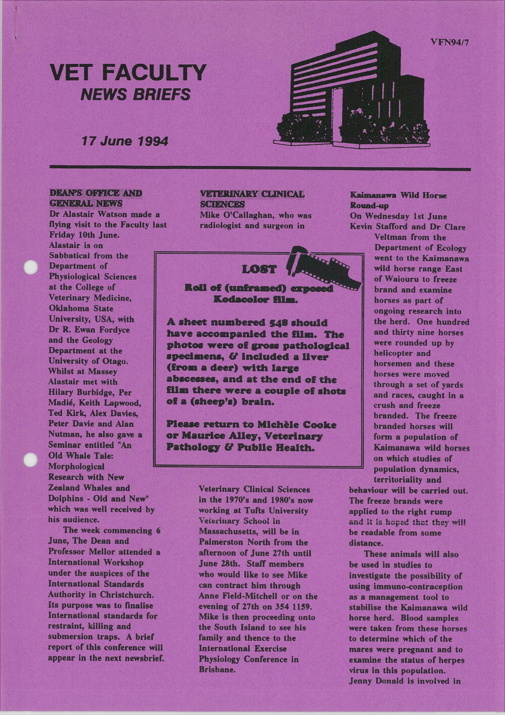 Vet Faculty News Briefs, 17 June 1994