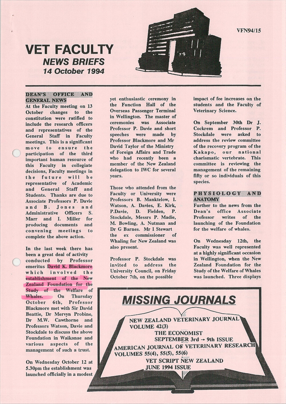 Vet Faculty News Briefs, 14 October 1994