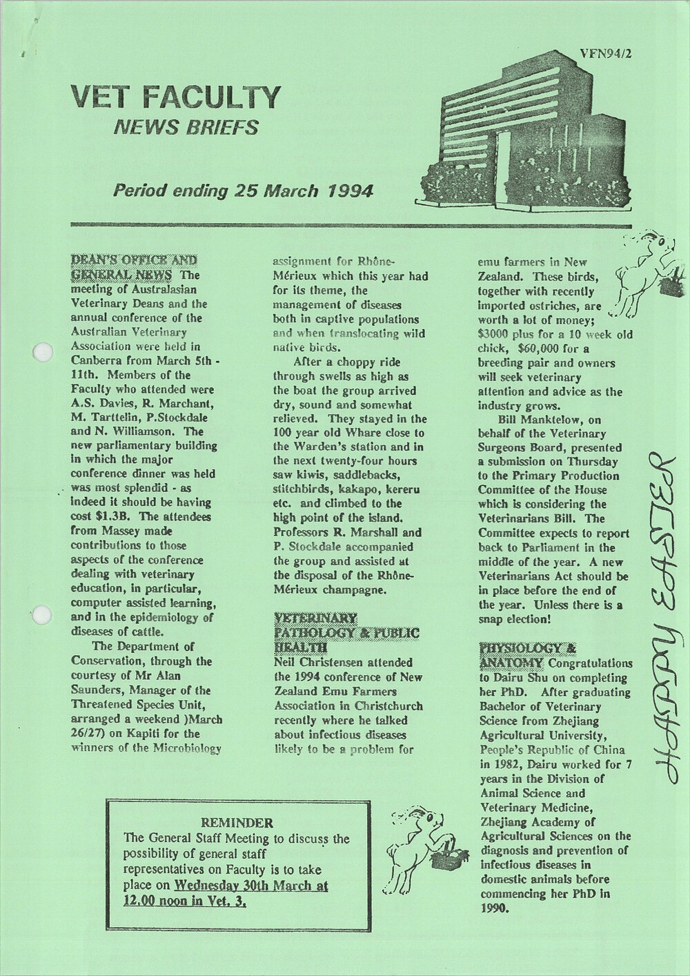 Vet Faculty News Briefs, 25 March 1994