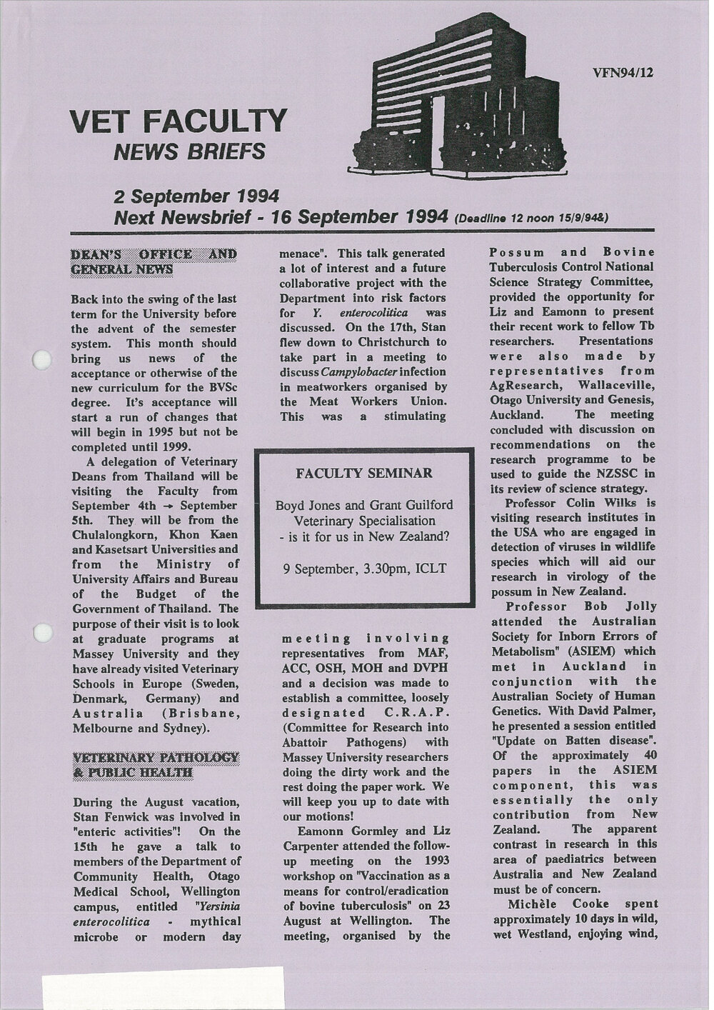 Vet Faculty News Briefs, 2 September 1994