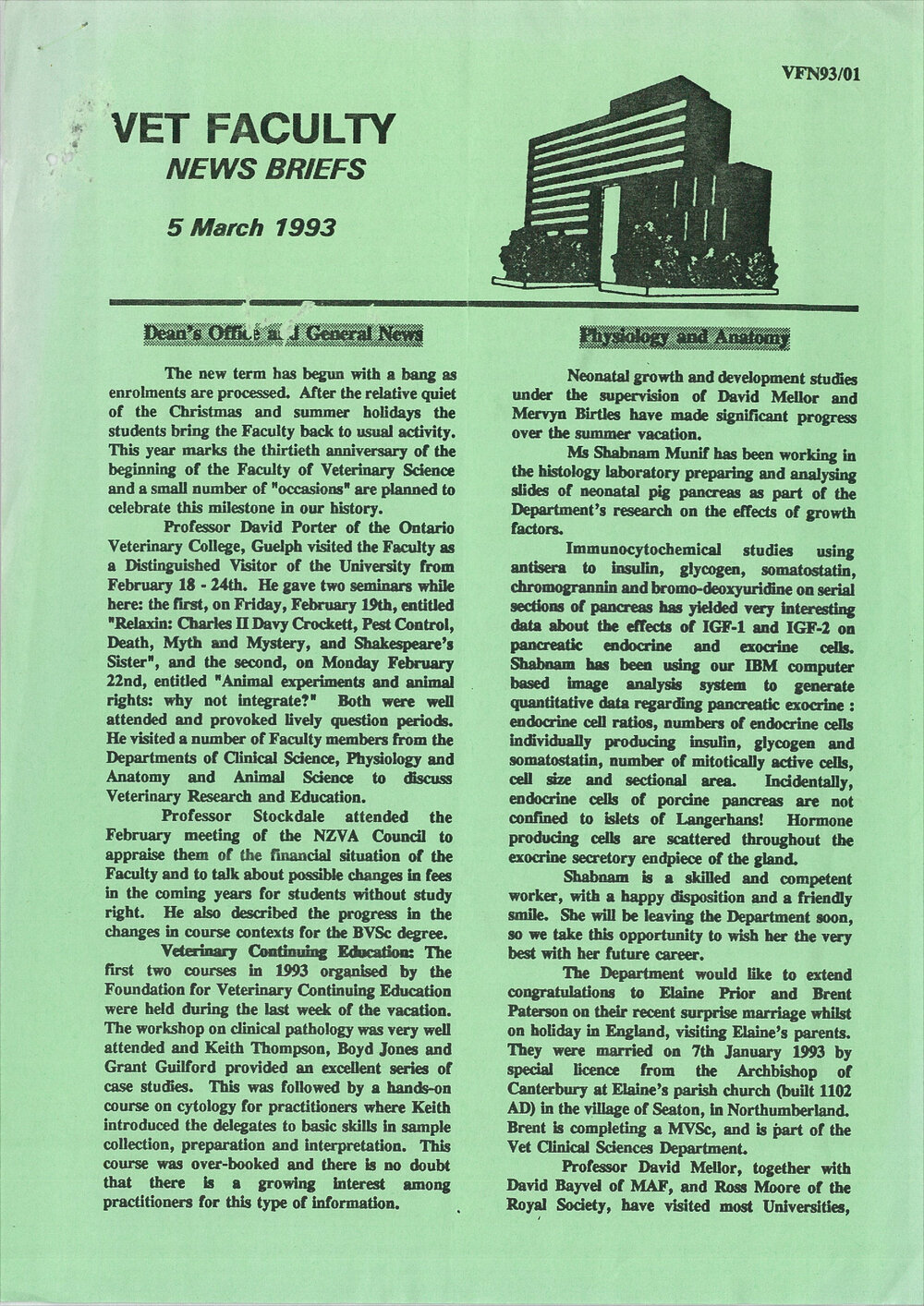 Vet Faculty News Briefs, 5 March 1993