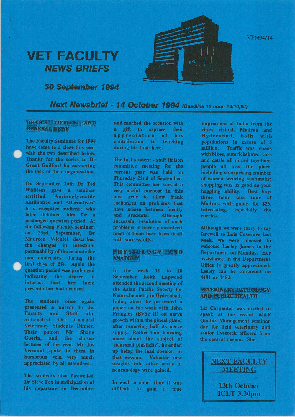 Vet Faculty News Briefs, 30 September 1994