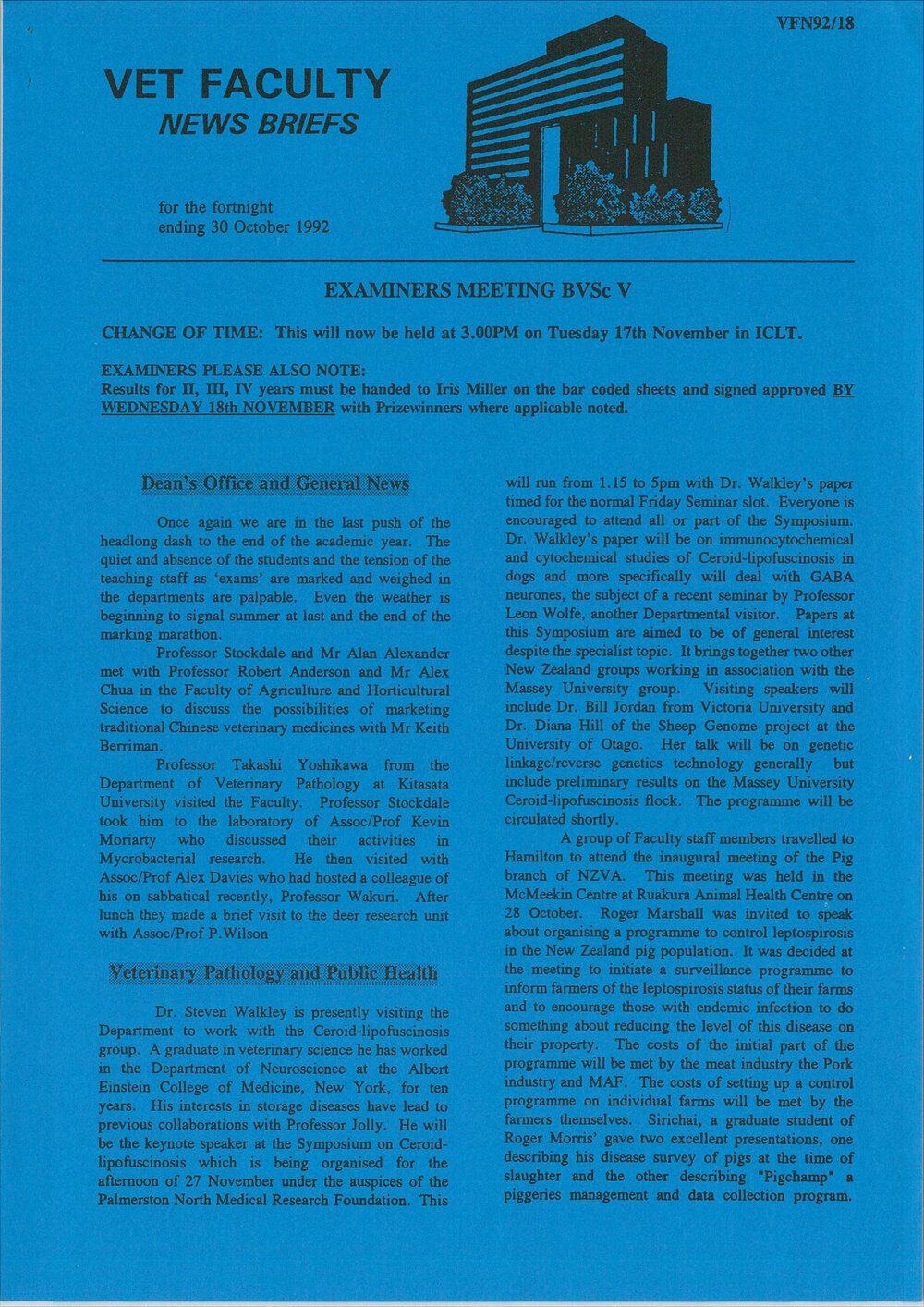 Vet Faculty News Briefs, 13 November 1992