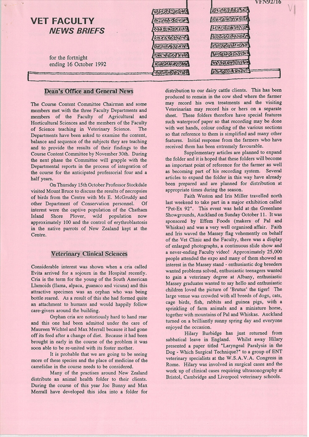 Vet Faculty News Briefs, 16 October 1992
