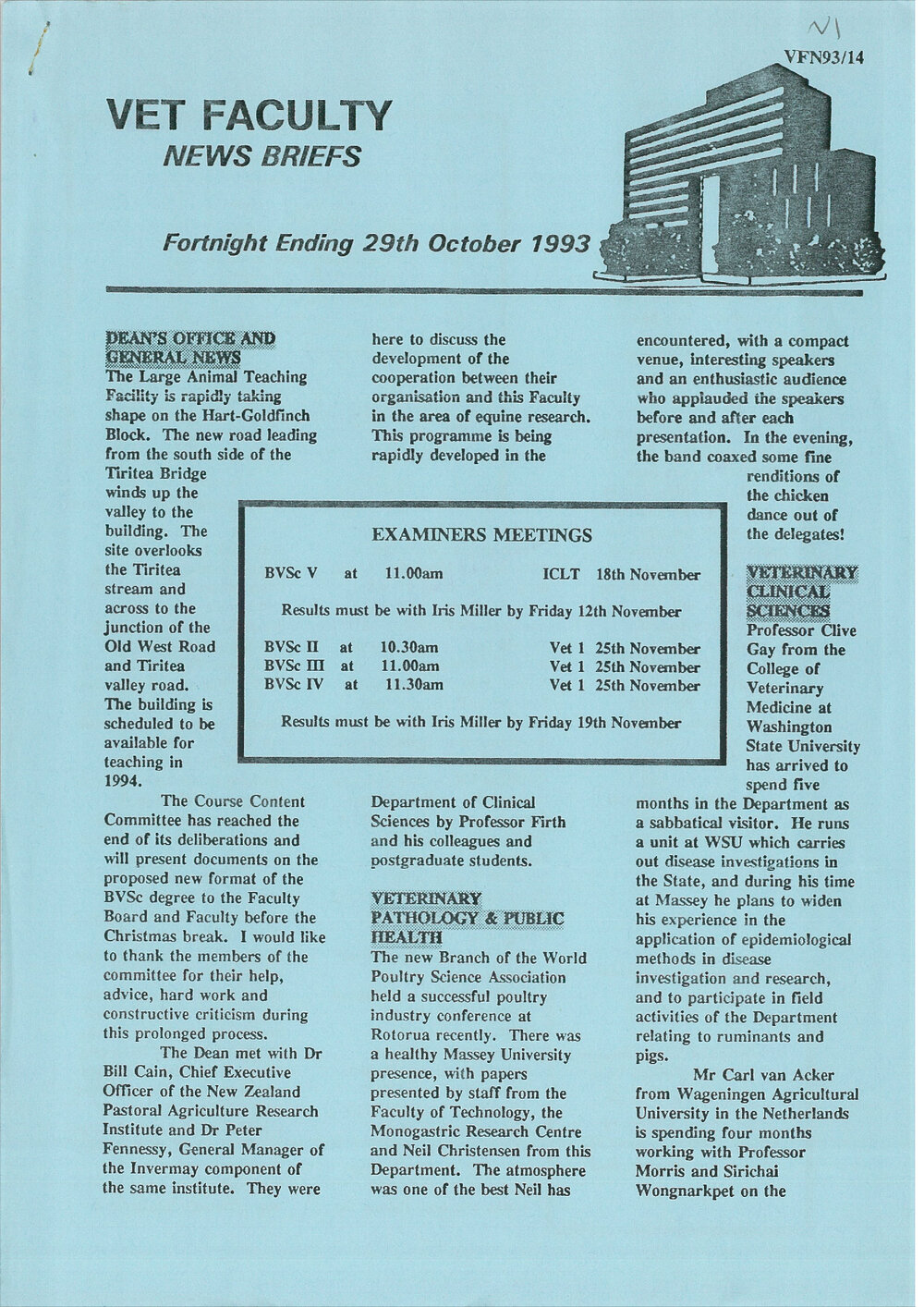 Vet Faculty News Briefs, 29 October 1993