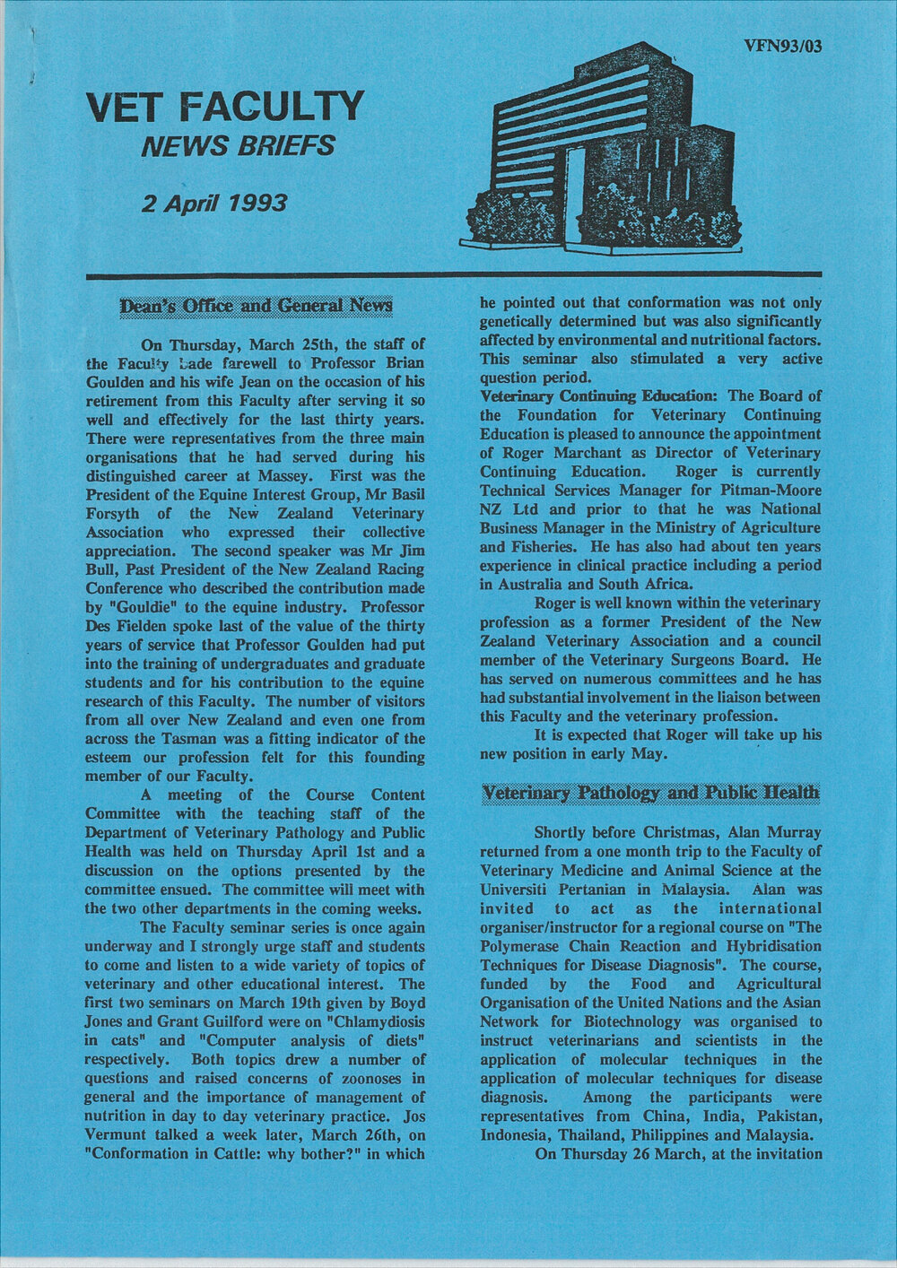 Vet Faculty News Briefs, 2 April 1993