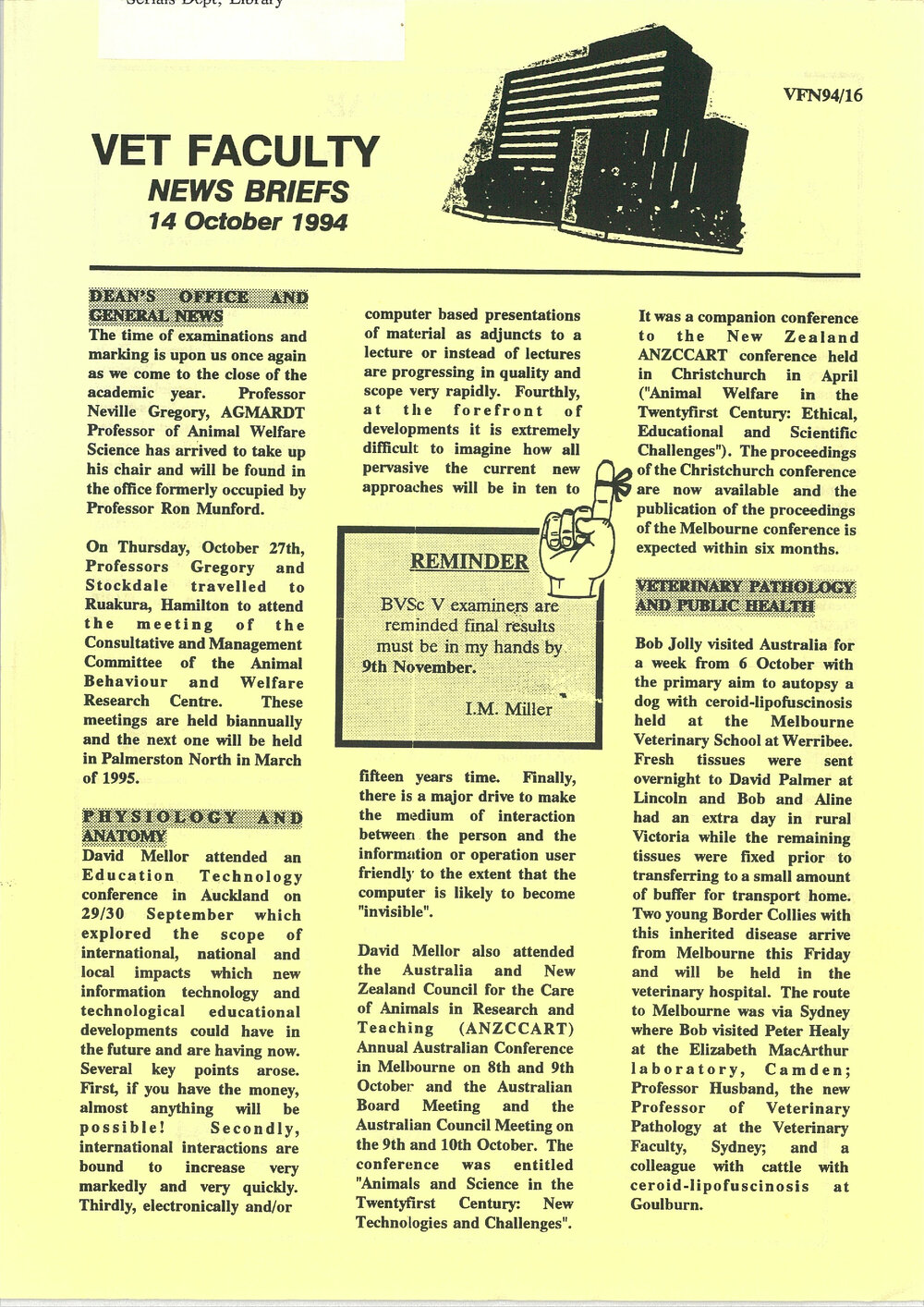 Vet Faculty News Briefs, 28 October 1994
