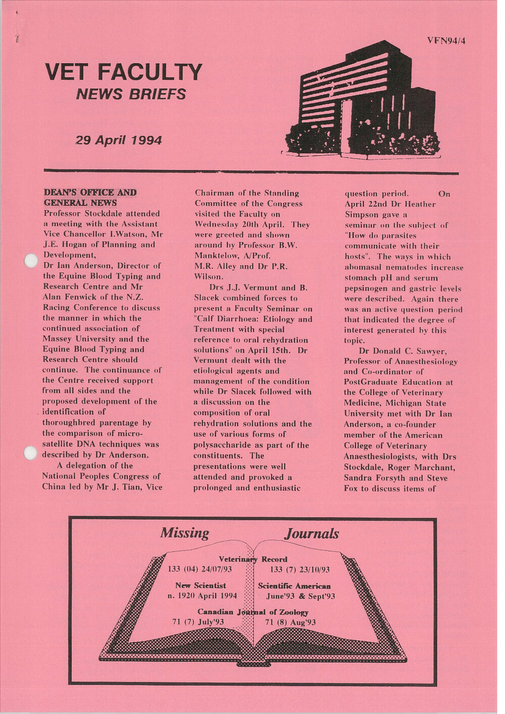 Vet Faculty News Briefs, 29 April 1994