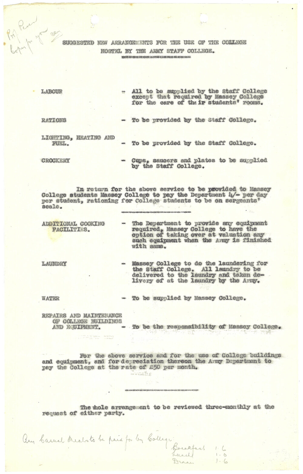 Massey Agricultural College. Suggested new arrangements for the use of the college hostel by the Army Staff College, 1941
