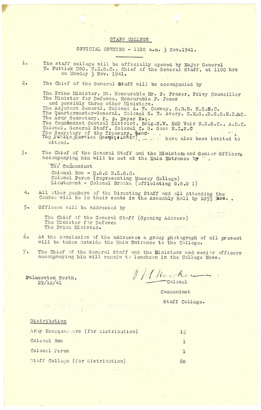New Zealand Army Staff College. Official opening programme, 3 November 1941