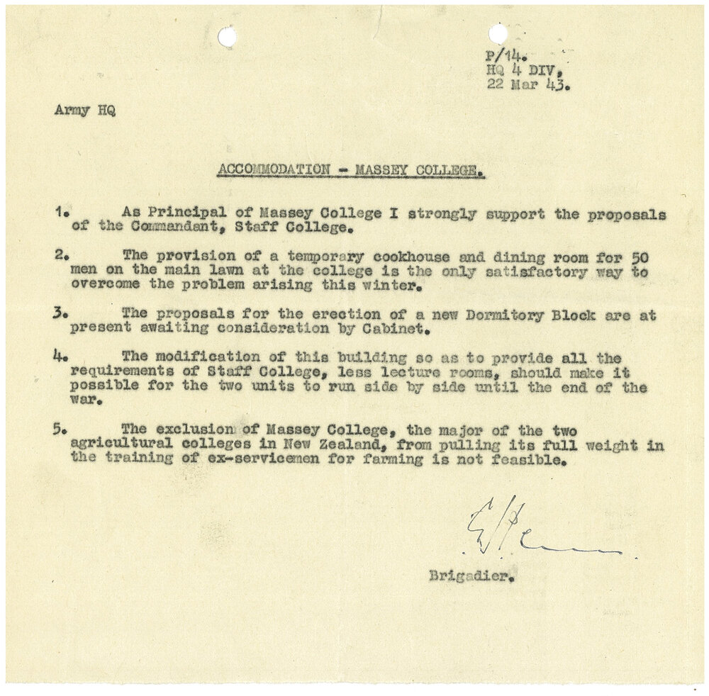Peren, G. S. (Brigadier). Memorandum to Army Headquarters on accommodation at Massey College, 22 March 1943