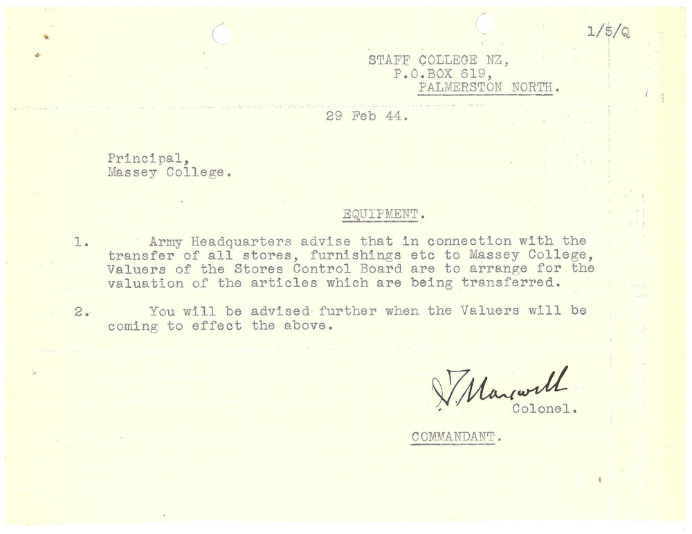Maxwell, D. T. (Colonel). Memorandum to G. S. Peren on transfer of equipment to Massey College, 29 February 1944