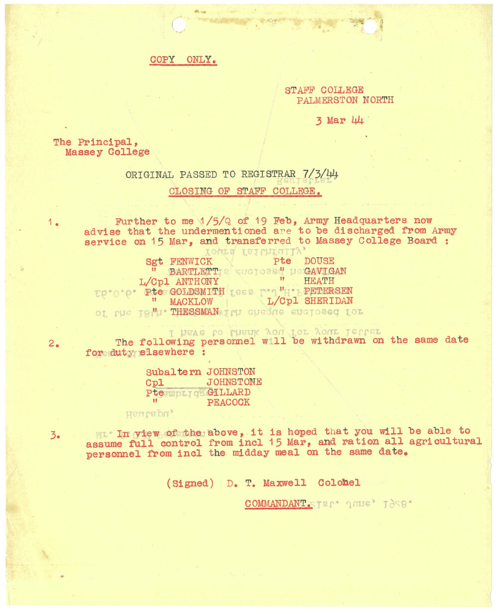 Maxwell, D. T. (Colonel). Memorandum to G. S. Peren on closing of the Staff College, 3 March 1944