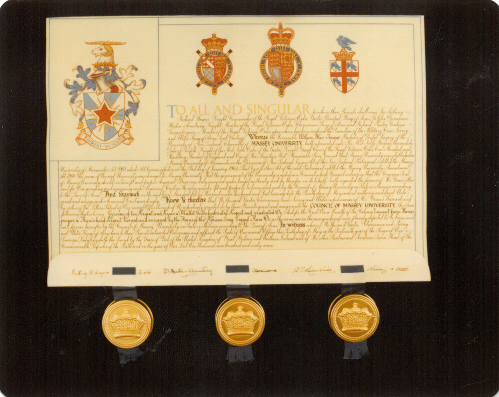Massey University armorial bearings scroll from College of Arms, 1967