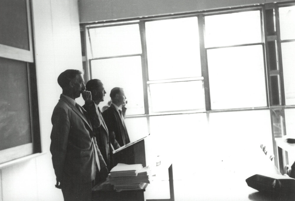 Alan Cooper, George Culliford and Peter Freyberg addressing students, 14 March 1960