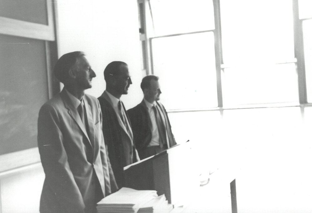 Alan Cooper, George Culliford and Peter Freyberg addressing students, 14 March 1960