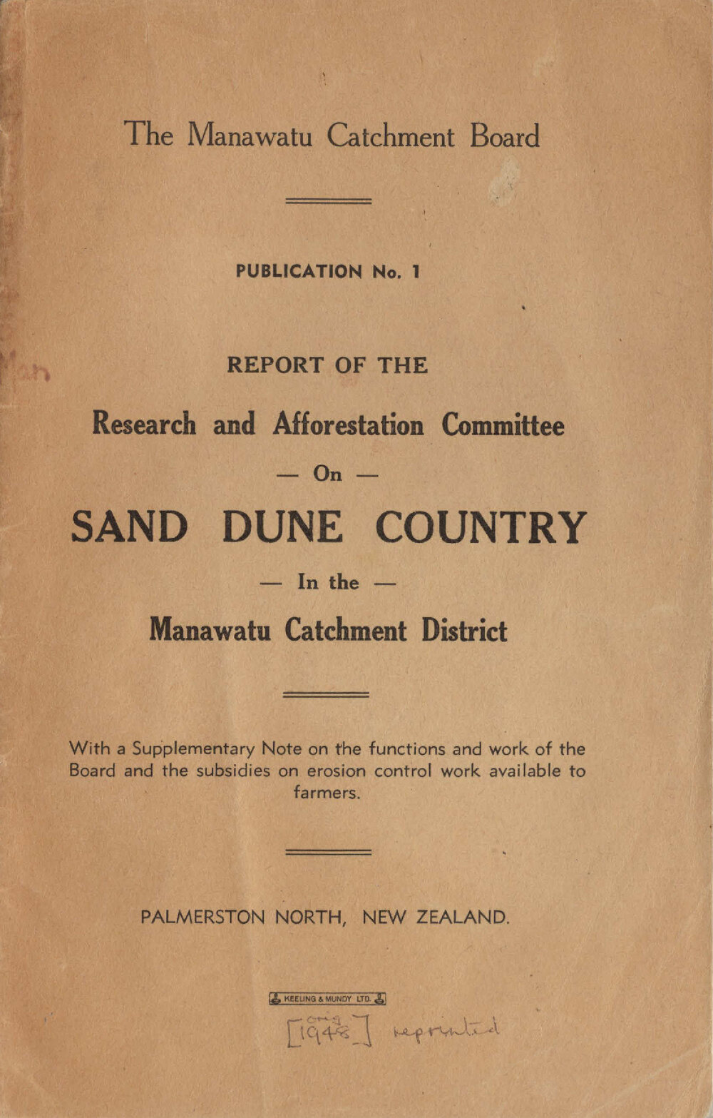 Report/Research and Afforestation Committee on Sand Dune Country in the Manawatu Catchment District