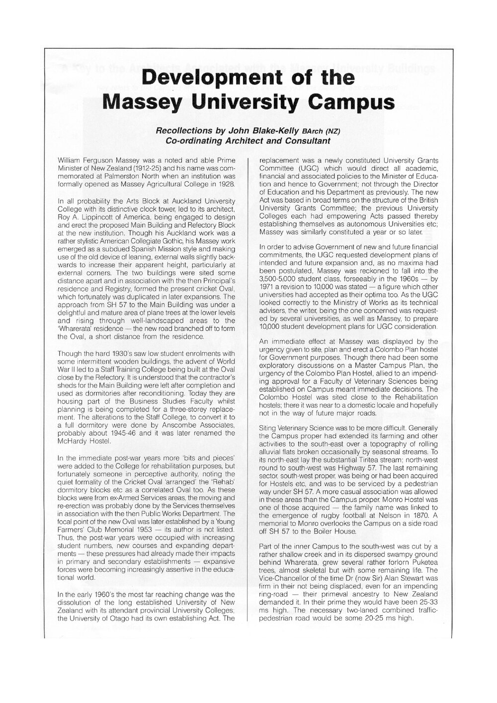 Development of the Massey University Campus, 1970s