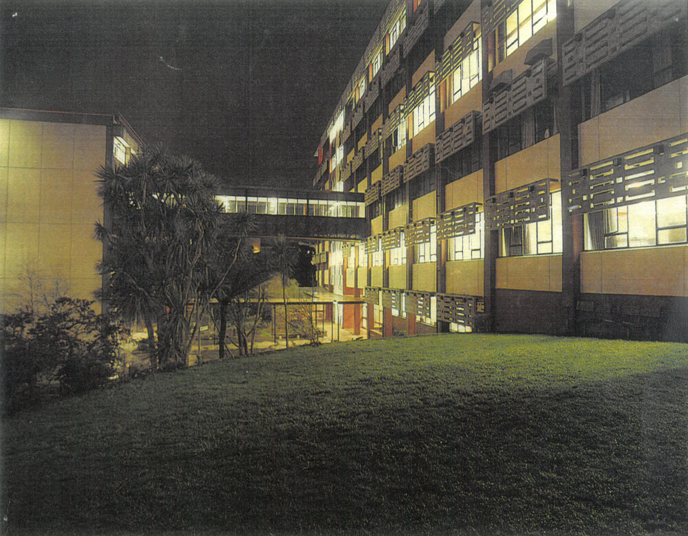 Wellington Polytechnic. Block 5 exterior at night, circa 1980s