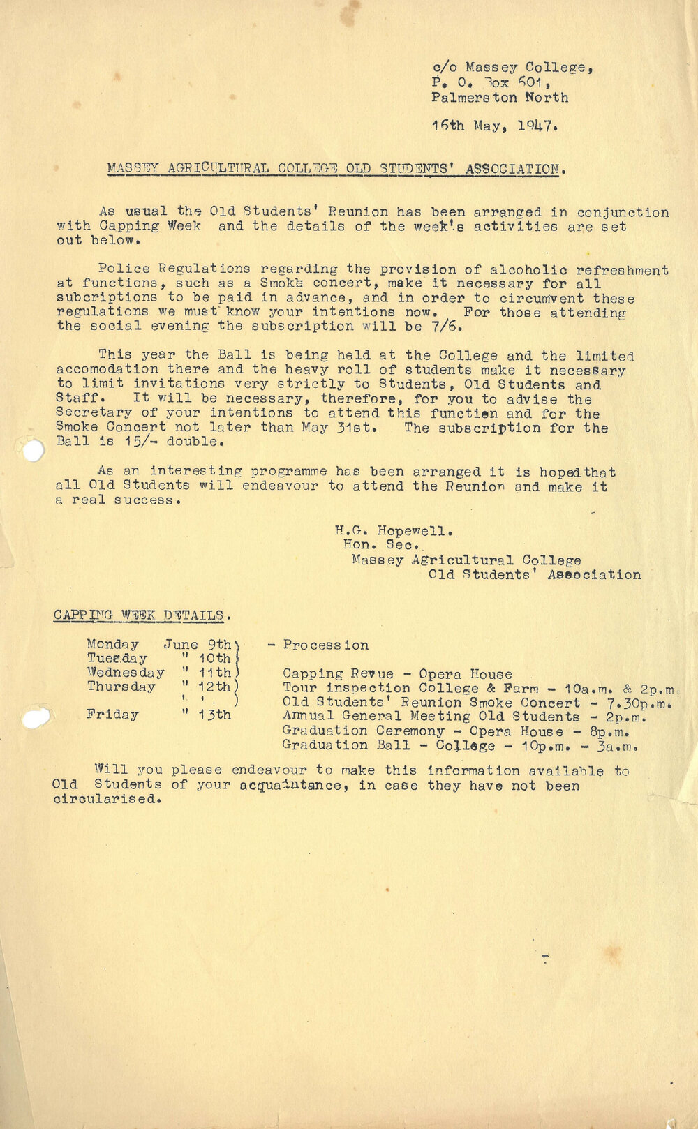 Massey Agricultural College Old Students Association newsletter, 16 May 1947