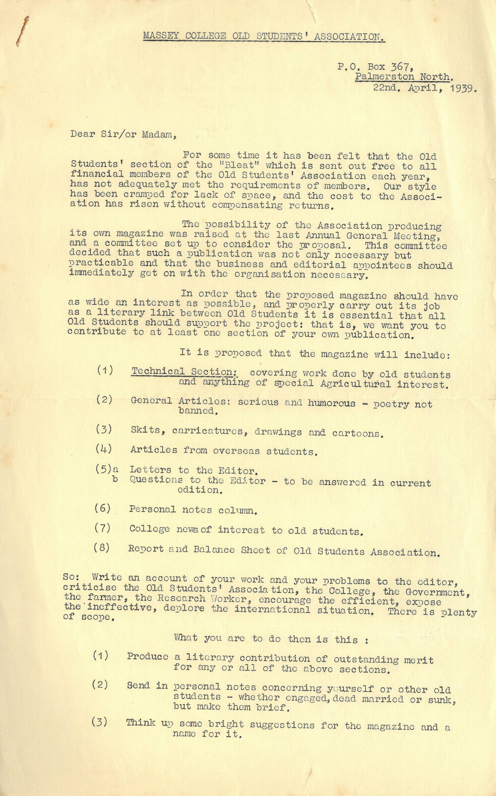 Massey Agricultural College Old Students Association newsletter, 22 April 1939