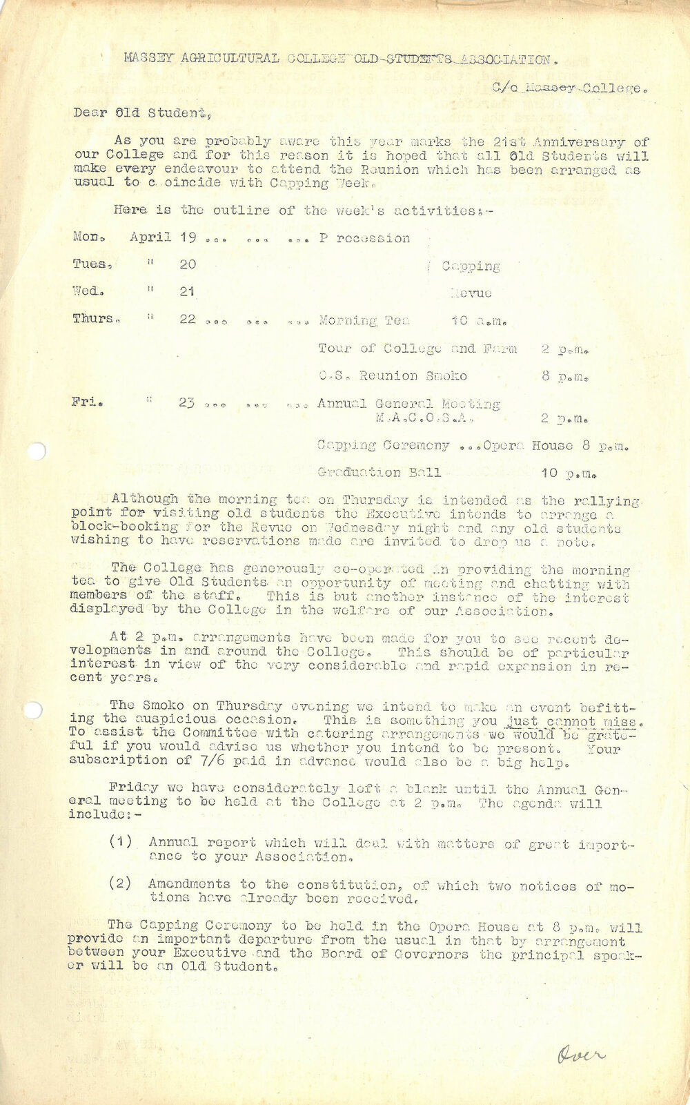 Massey Agricultural College Old Students Association 21st anniversary letter, 1948
