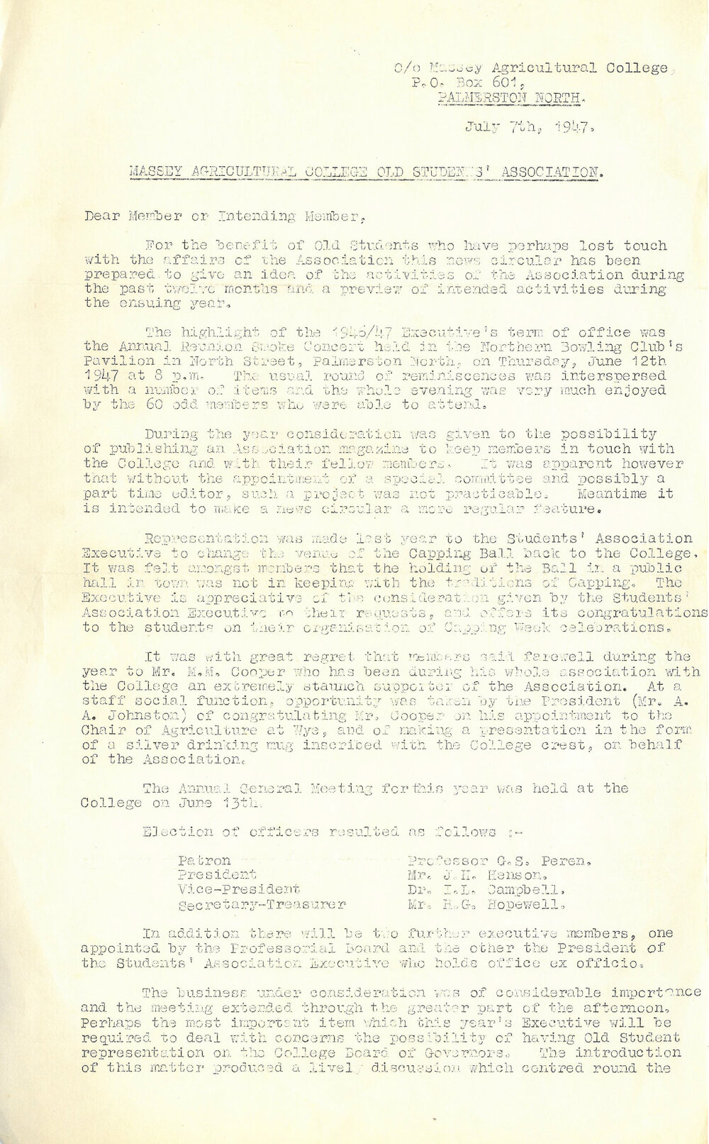 Massey Agricultural College Old Students Association newsletter, 7 July 1947