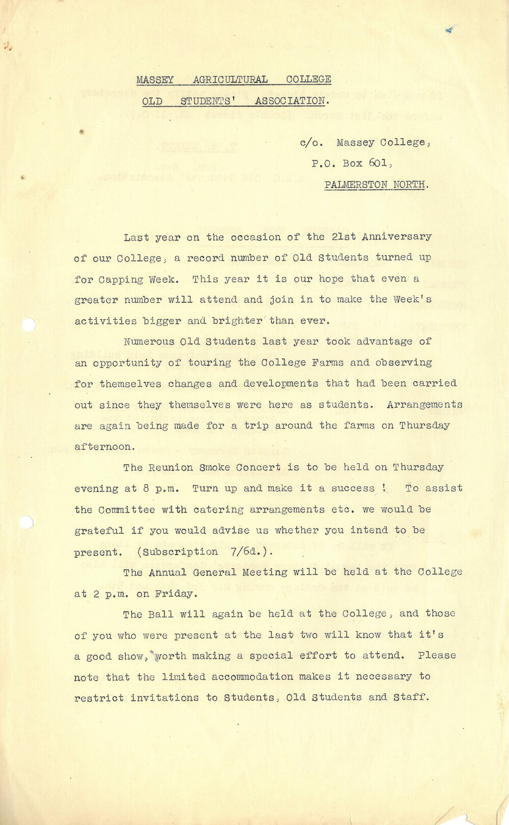 Massey Agricultural College Old Students Association 21st anniversary newsletter, 1949