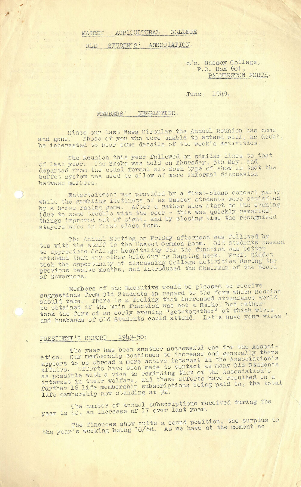 Massey Agricultural College Old Students Association members newsletter, June 1949
