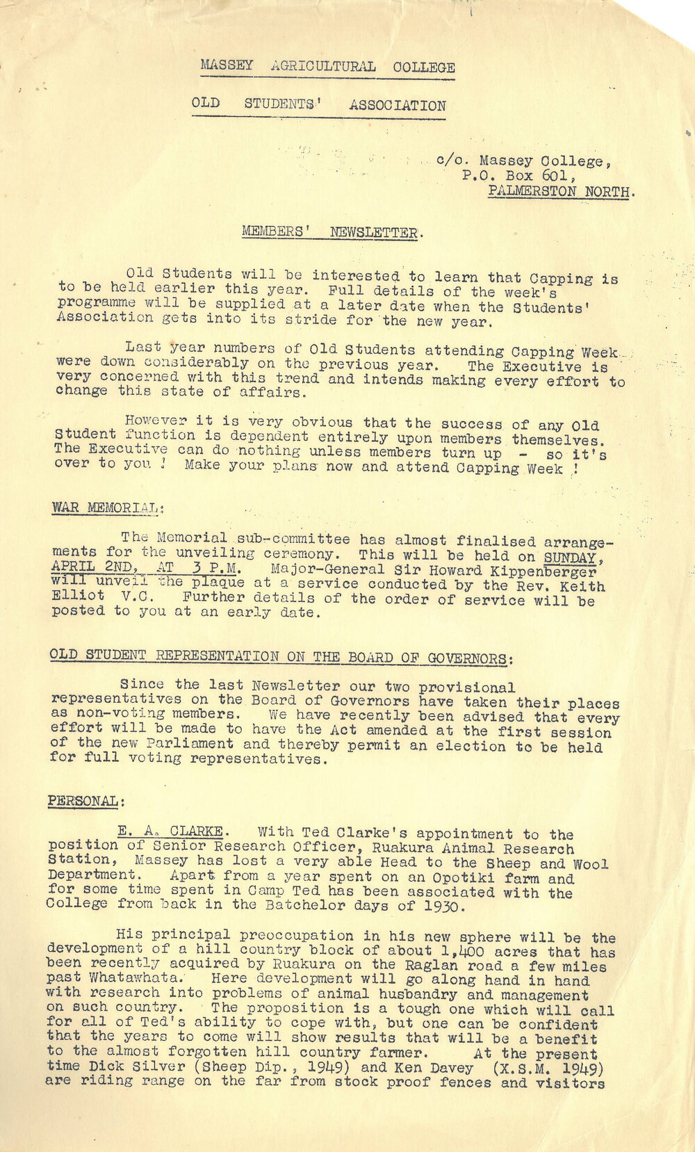 Massey Agricultural College Old Students Association members newsletter, 1950