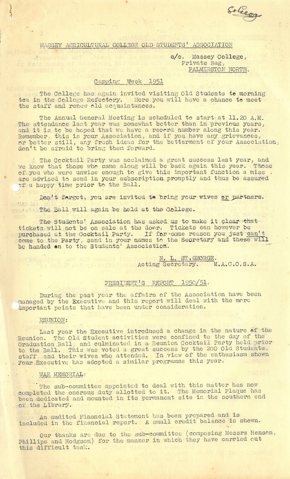 Massey Agricultural College Old Students Association newsletter, 1951