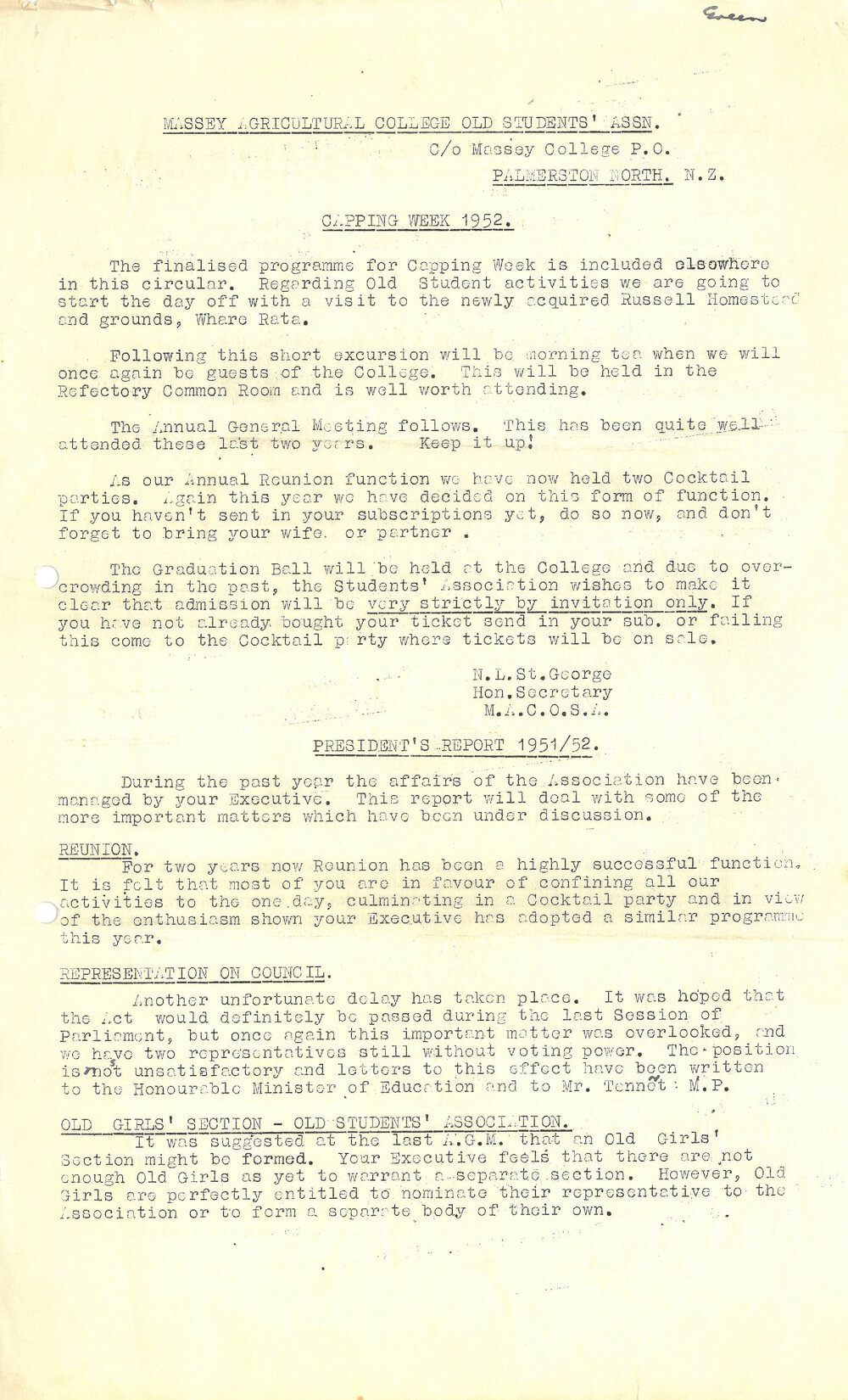 Massey Agricultural College Old Students Association newsletter, 1952